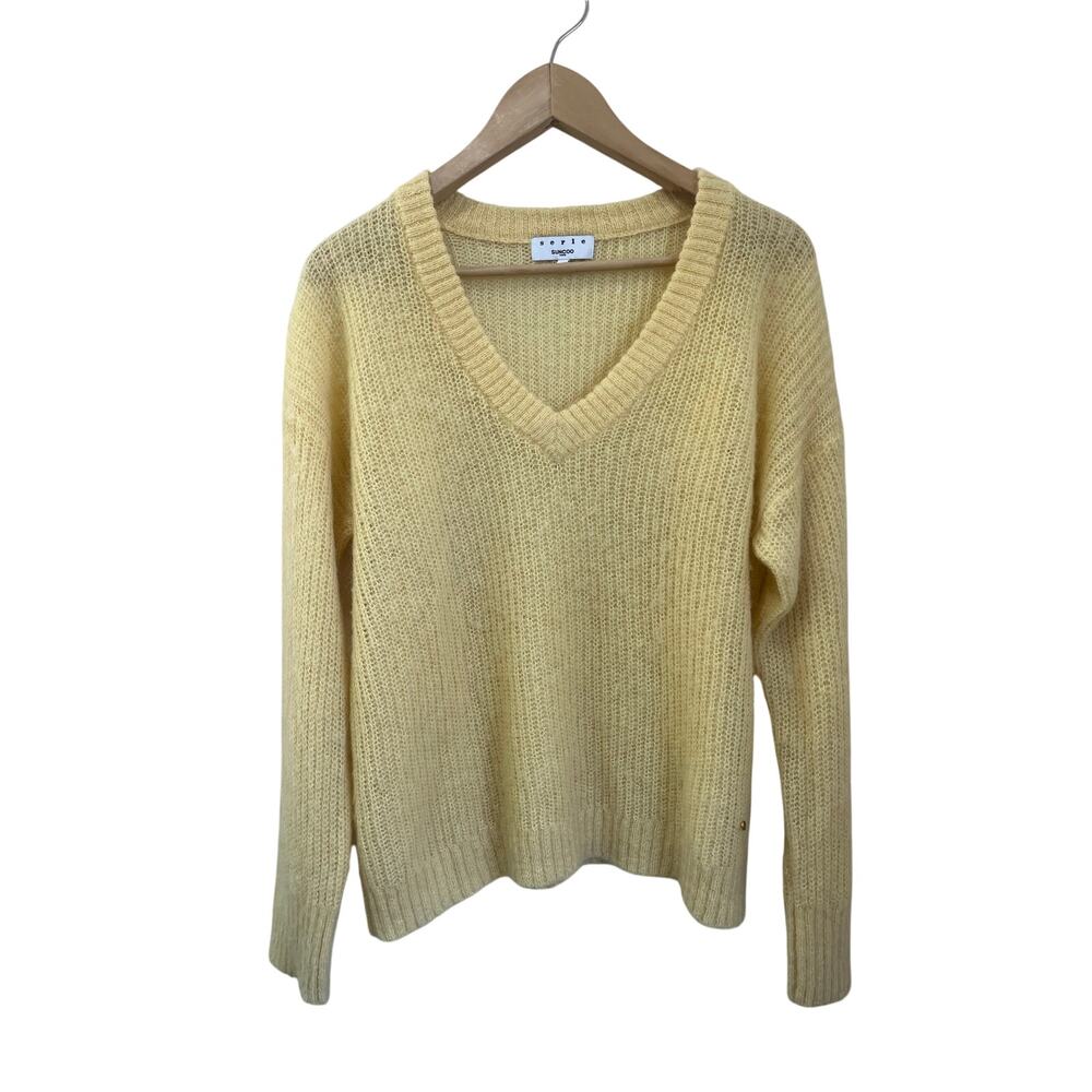 Suncoo Paris Mohair Wool Blend Yellow V‎ Neck Sweater Size S Soft Luxe Knit